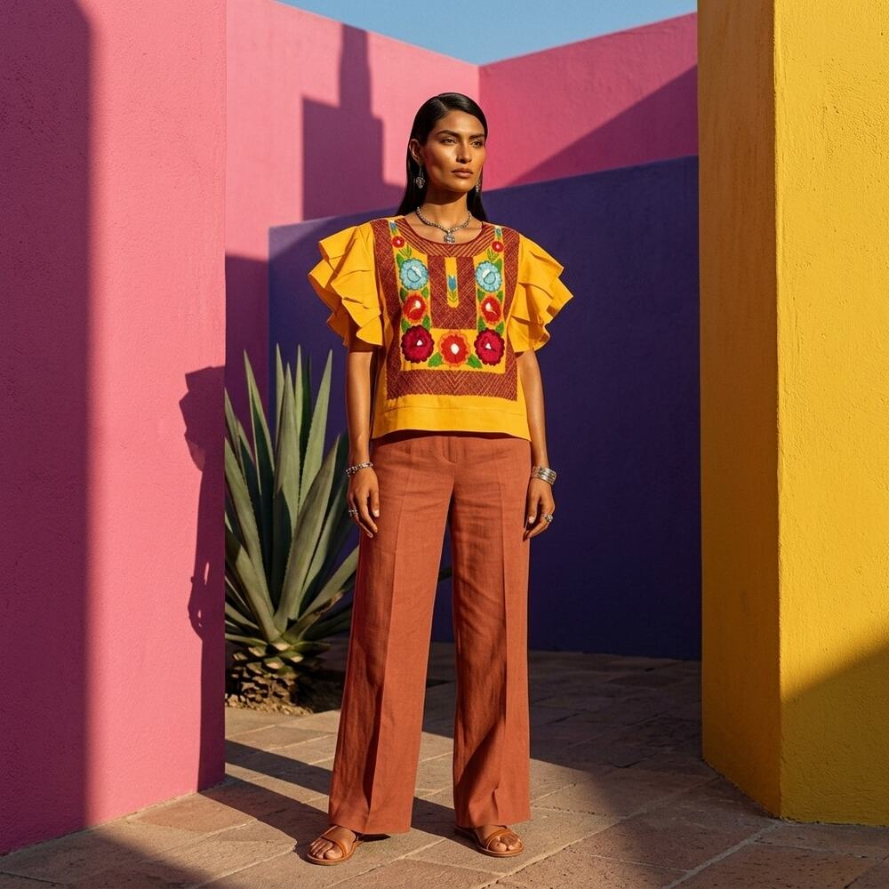 Traditional Mexican Huipil style Blouse – Handmade Embroidered Manta Top S M